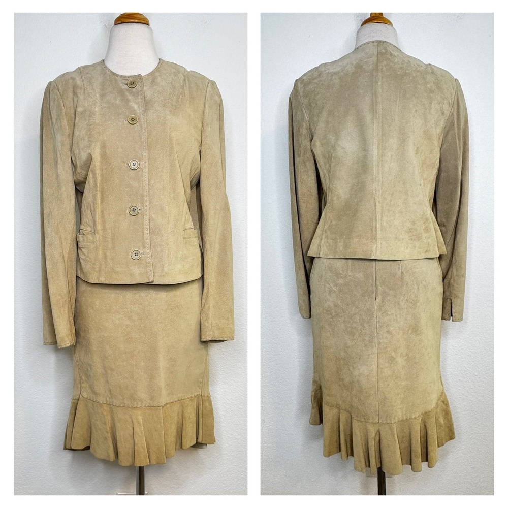 Ann Taylor LOFT Petite Suede Leather Skirt Set Size 12P/14P Tan Y2K Boho Western